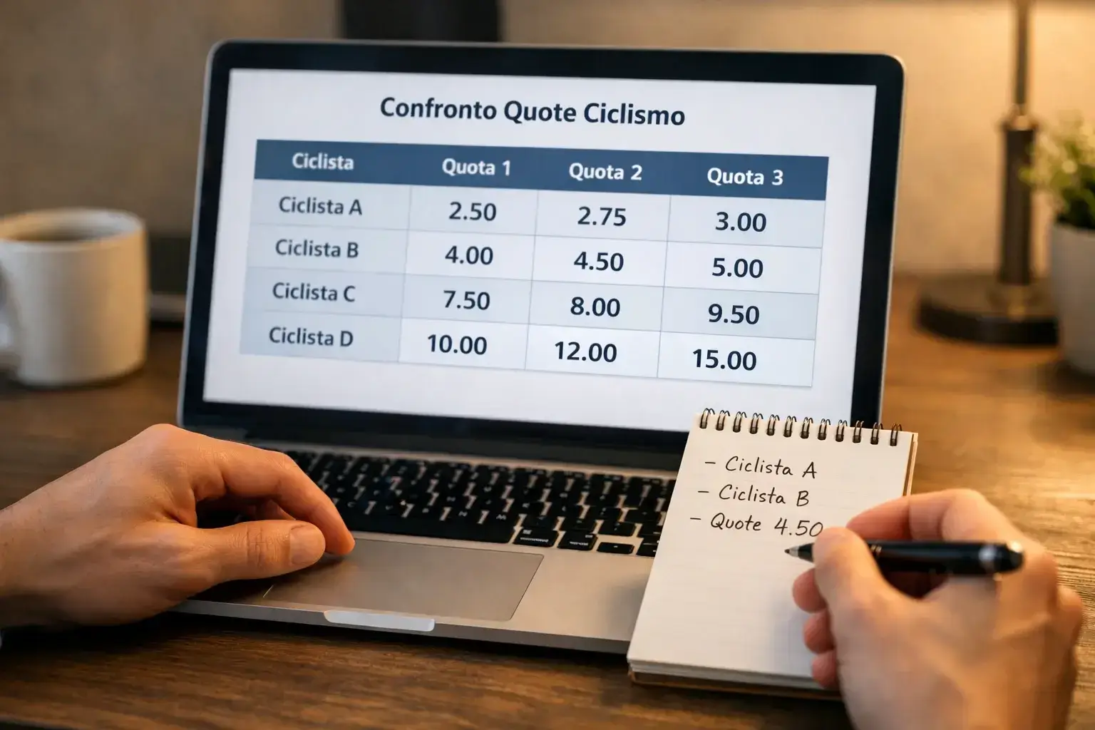 Schermo con quote e analisi delle scommesse sul ciclismo professionistico