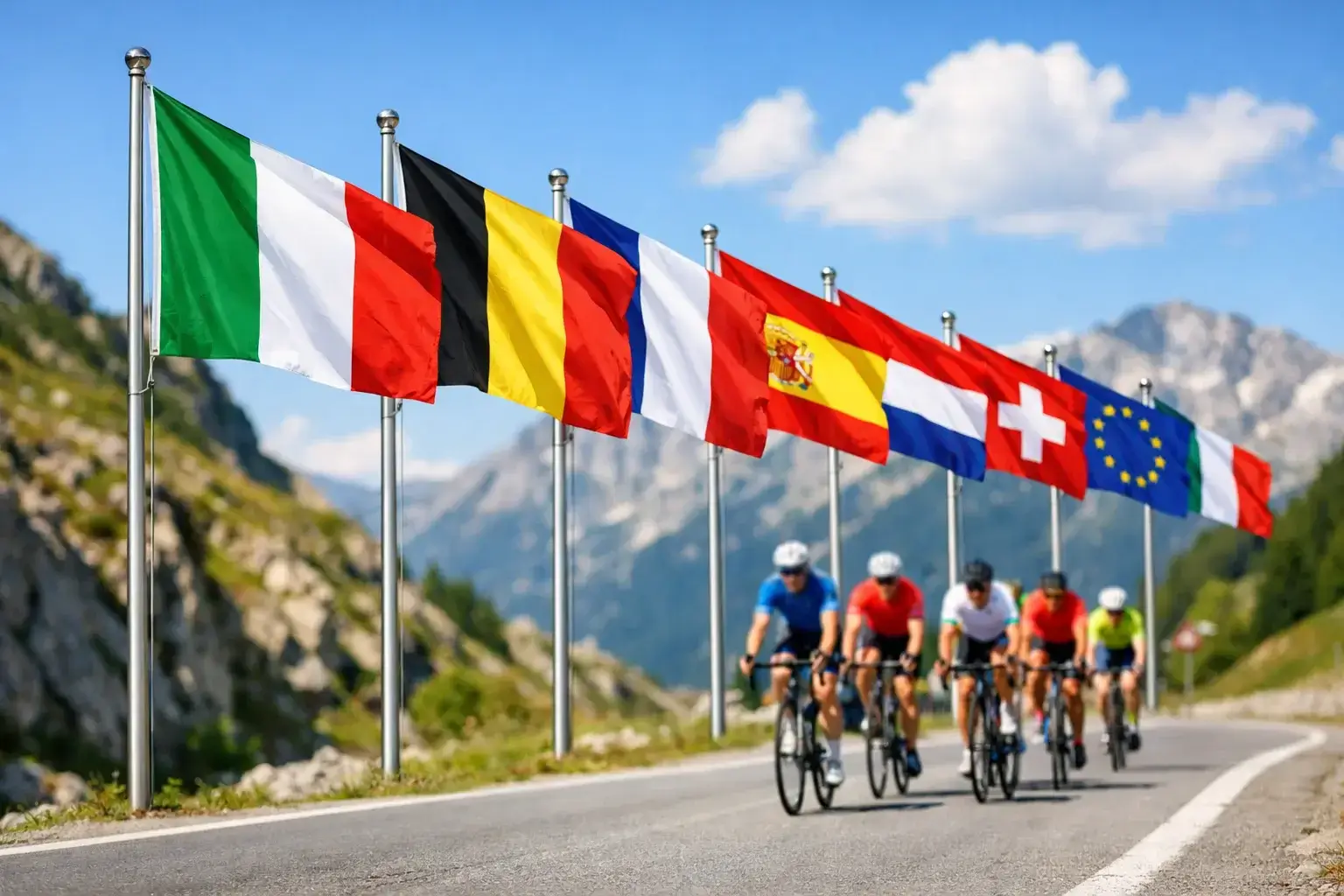 Bandiere di diverse nazioni sventolano lungo il percorso del Mondiale di ciclismo