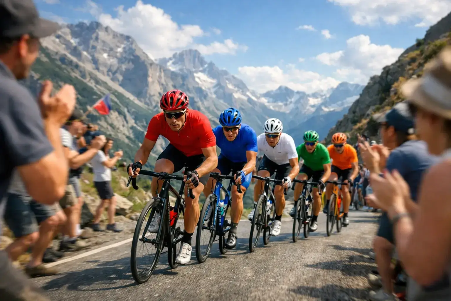 Gruppo di ciclisti professionisti in fuga durante una gara con sfondo di colline verdi