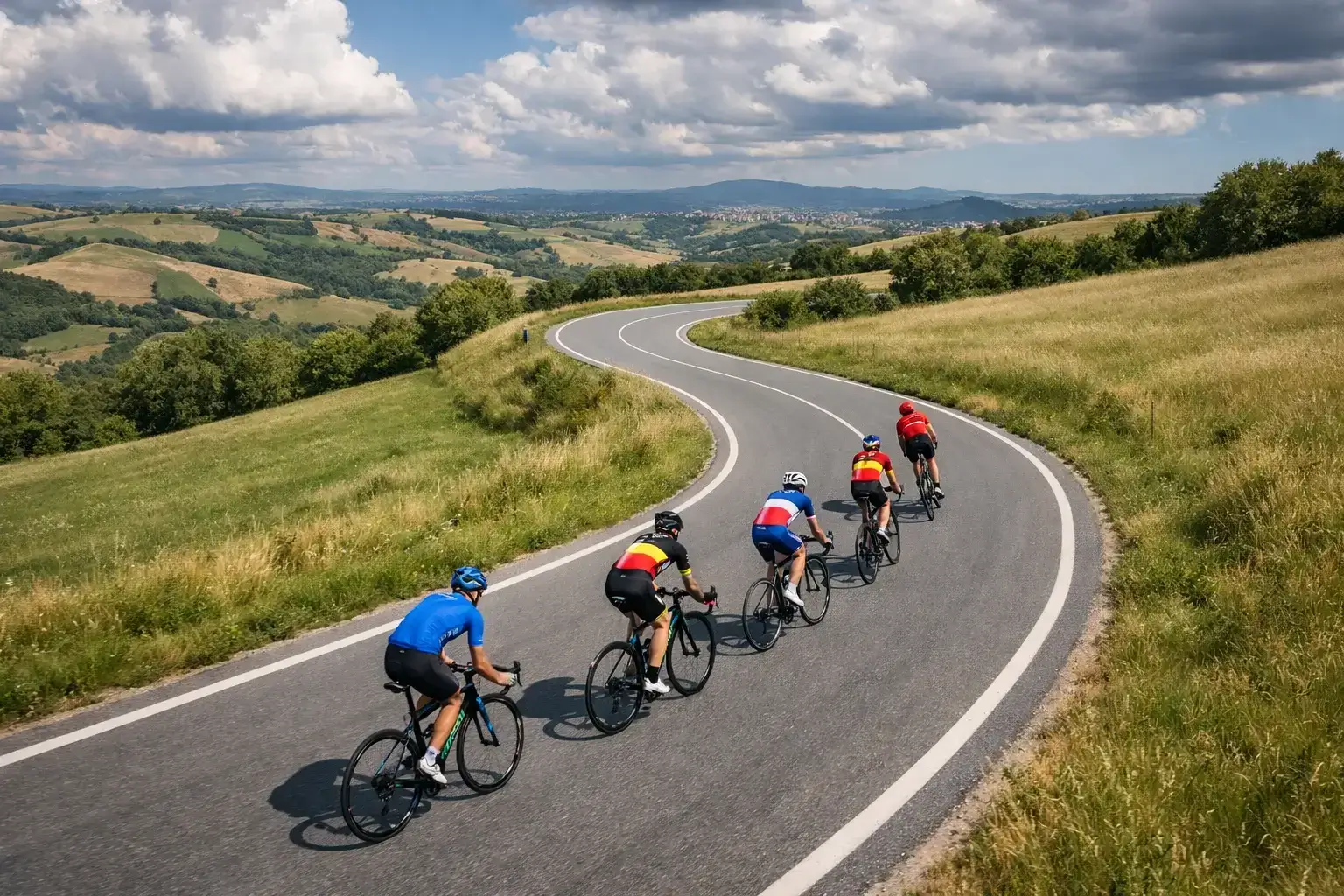 Gruppo di ciclisti professionisti in una corsa su strada con diverse maglie nazionali