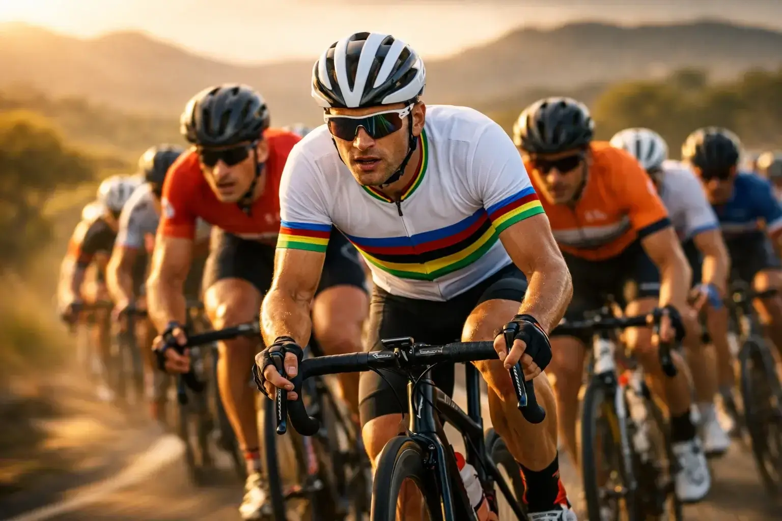 Ciclisti professionisti in gara al Campionato del Mondo con maglia iridata in primo piano