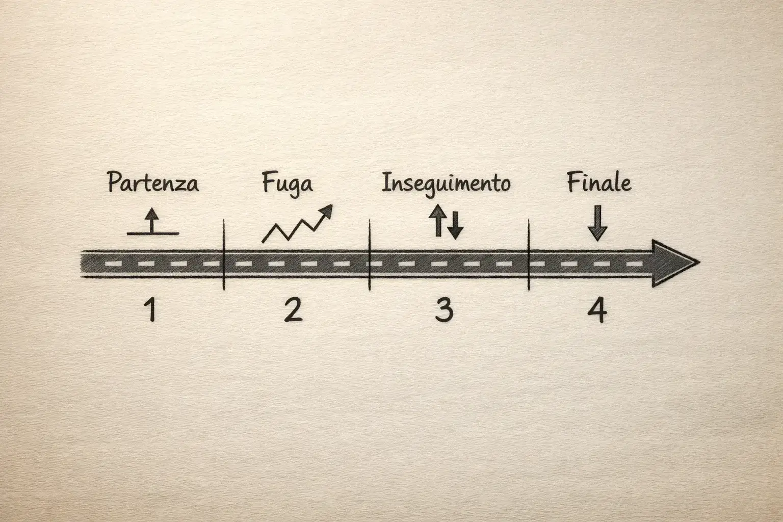 Grafico che mostra il movimento delle quote nelle diverse fasi di una corsa ciclistica