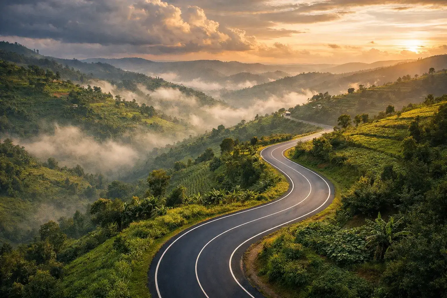 Vista panoramica delle colline del Ruanda con strada asfaltata che attraversa il paesaggio verde