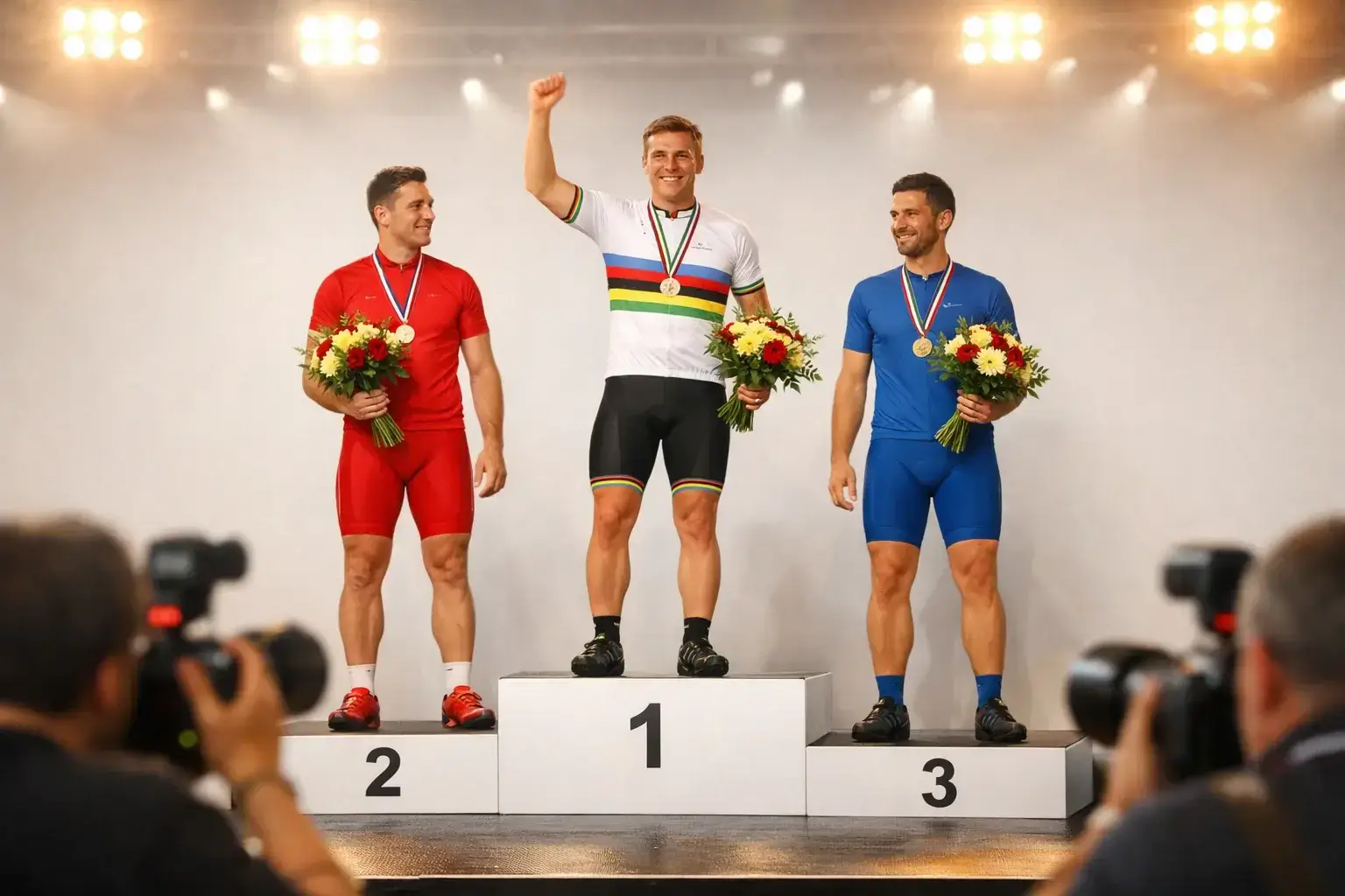 Podio con tre ciclisti premiati al Mondiale di ciclismo con medaglie e fiori