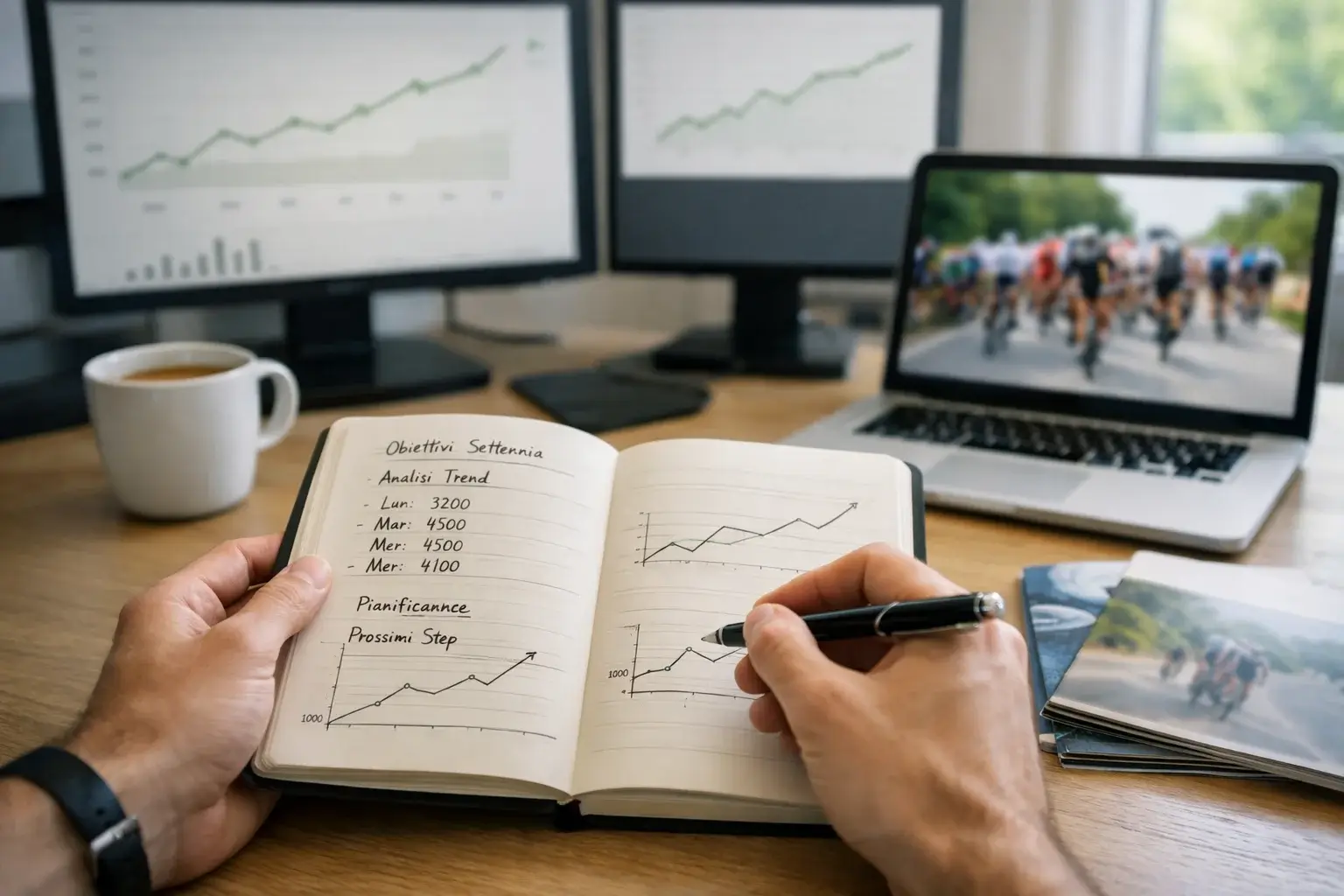 Analista che studia quote e statistiche per scommesse sul ciclismo davanti a schermi con grafici