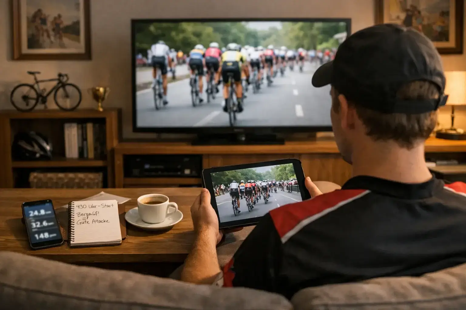 Persona che segue una gara ciclistica su tablet mentre analizza statistiche in tempo reale