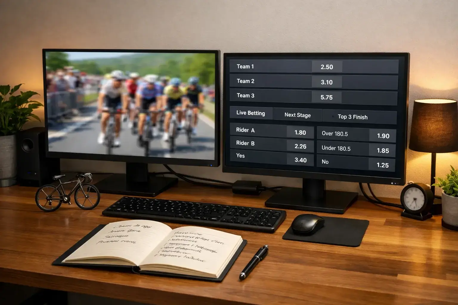 Postazione organizzata per il live betting sul ciclismo con più schermi e strumenti